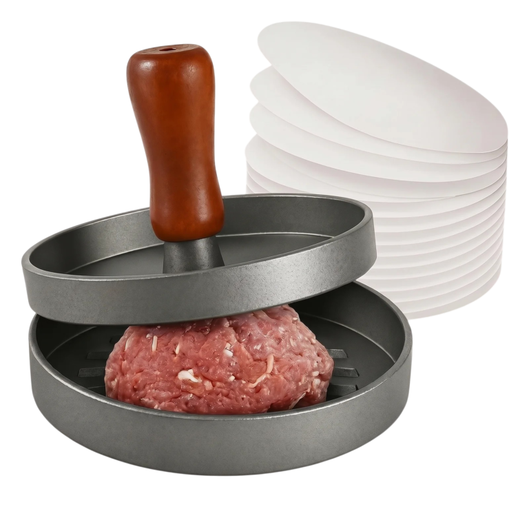 Burgerpresse med træhåndtag, rillet presseflade og 100 papirark til hjemmelavede burgerbøffer