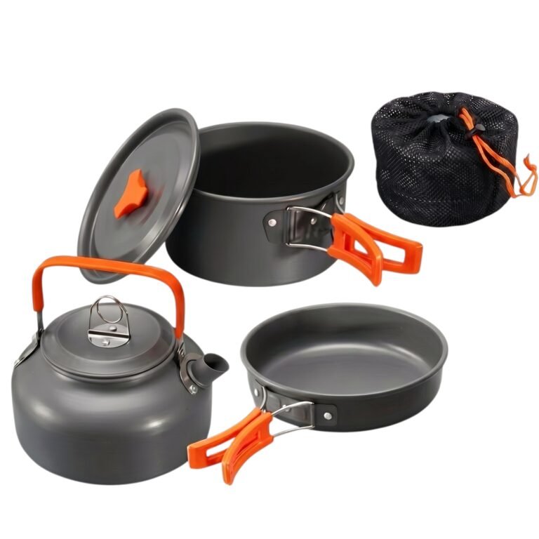 Camping kogegrejssæt i anodiseret aluminium med gryde, stegepande, 800 ml kedel og transportpose til 2-3 personer
