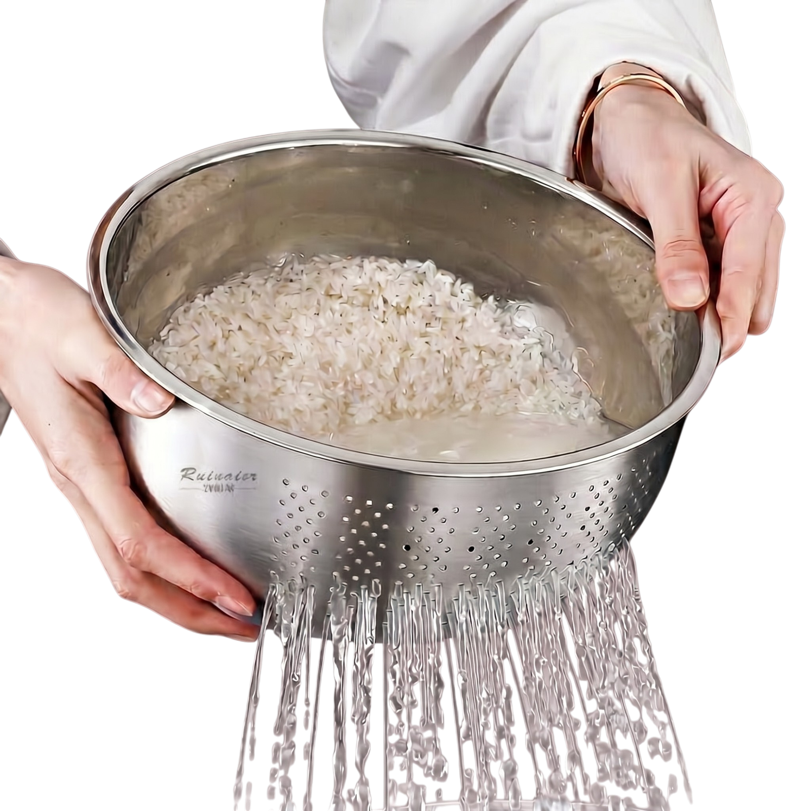 32042_enhanced_background Colander in Stainless Steel with Quick Drainage for Rinsing Pasta, Rice, Fruit and Vegetables - Image 1