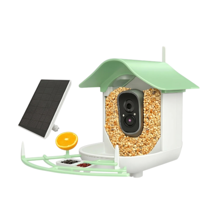 Fuglekamera med wifi og solcelle til live overvågning af fugle ved foderautomat på mobilen