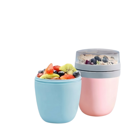 Frokostkop til havregrød i pink, blå, hvid, grøn og sort med dobbelt låg og separat topbeholder