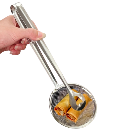 High Temperature Resistant Slotted Spoon and Tongs in Stainless Steel for Safe Handling and Draining of Fried Food