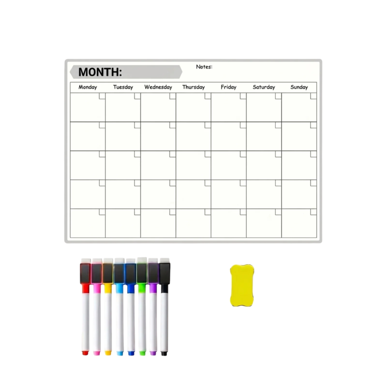 Magnetisk månedskalender til køleskab med notesfelt, fire tuscher og viskelæder