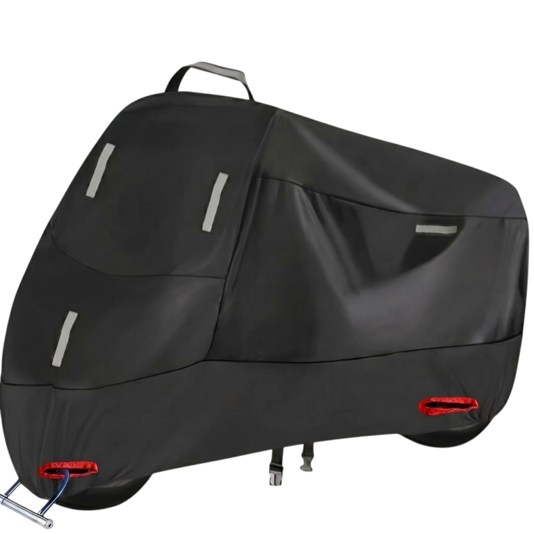Motorcykelovertræk med reflekterende detaljer og heltdækkende design til beskyttelse af motorcykel og scooter