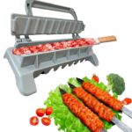 Foldbar form til kebabspyd i PP-plast til jævn formning af hakket kød omkring grillspyd