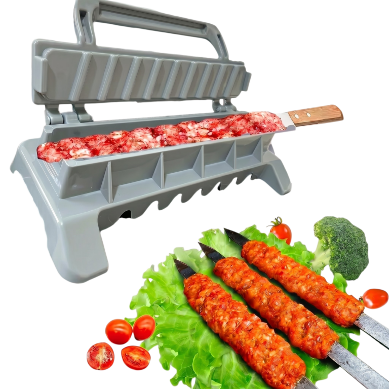 Foldbar form til kebabspyd i PP-plast til jævn formning af hakket kød omkring grillspyd