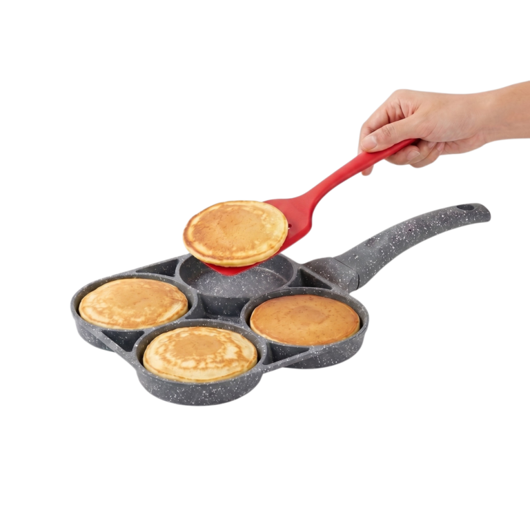 Pande til pandekager og æg med opdelt non-stick stegeflade, trælook håndtag og rum til ensartede portioner