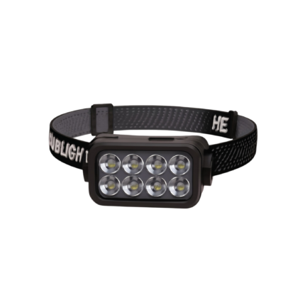 Pandelampe med 8 LED-lys i sort med genopladelig funktion og justerbart pandebånd