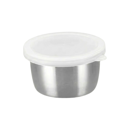 Sovsebæger i rustfrit stål til portionsservering med låg til dressing, sauce og dip ved bordet