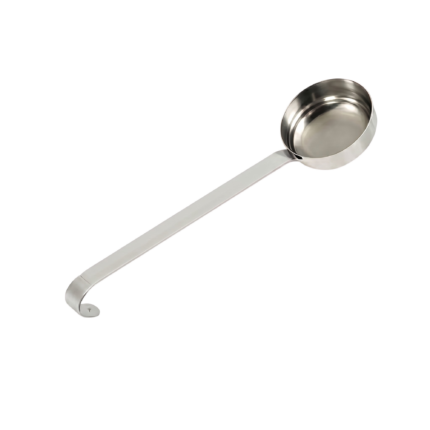 Suppeske i rustfrit stål med dyb skål og langt skaft til servering af suppe ved bordet