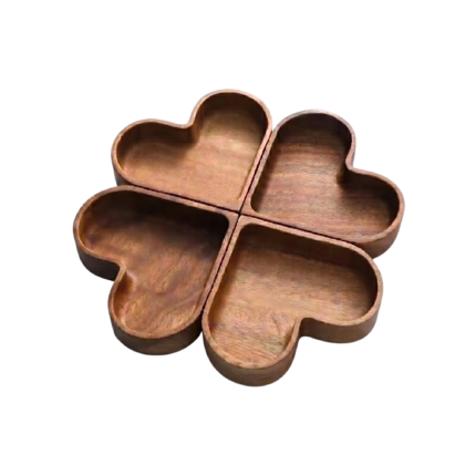 Heart-Shaped Serving Tray in Walnut Wood for Snacks and Decorative Table Setting with Four Compartments
