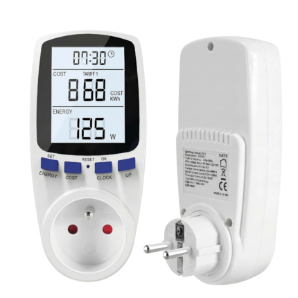 Electricity Meter for Socket with Digital Display for Measuring Electricity Consumption, Watts, KWh and Time