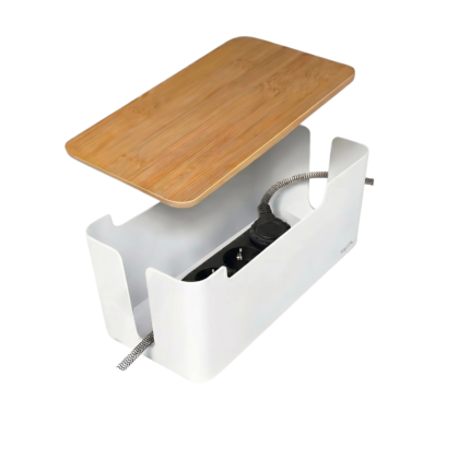 Cable Management Box in Black, Bamboo and White for Organising Cables and a Tidier Look