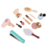 Makeup legetøj i træ til rolleleg med spejl, hårtørrer og makeuptilbehør til kreativ leg
