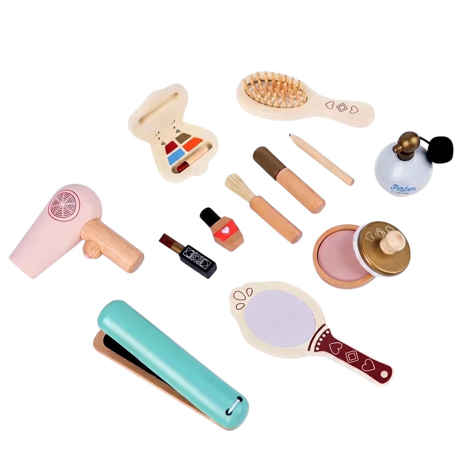 36280_enhanced_background Makeup legetøj i træ til rolleleg med spejl, hårtørrer og makeuptilbehør til kreativ leg - Image 1