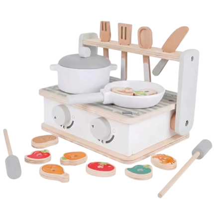Wooden BBQ Toy with Grill Station, Pot and Pan for Role Play and Imaginative Cooking for Children