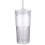 Rillet glaskop med låg og glasugerør til iced coffee, iste, juice og kolde drikke
