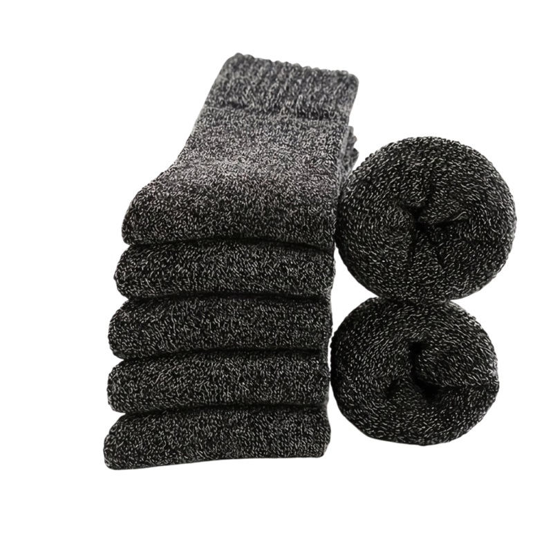 5 pairs of warm men's crew socks in black, with the terry-loop knit shown inside