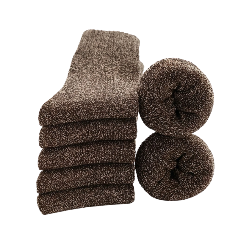 5 pairs of warm men's crew socks in brown, with the terry-loop knit shown inside