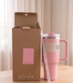 Thermal Mug in White and Pink with Lid, Straw and Long Heat and Cold Retention for on the Go - Image 2