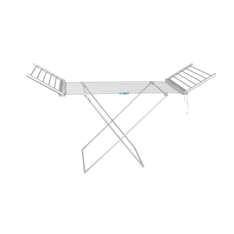 Elektrisk tørrestativ med foldbar ramme, opvarmede tørrestænger og sidevinger til indendørs tørring