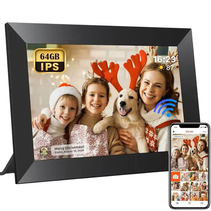 Digital fotoramme 10,1" med Frameo app, WiFi, 64 GB lager og IPS-touchskærm i sort eller hvid