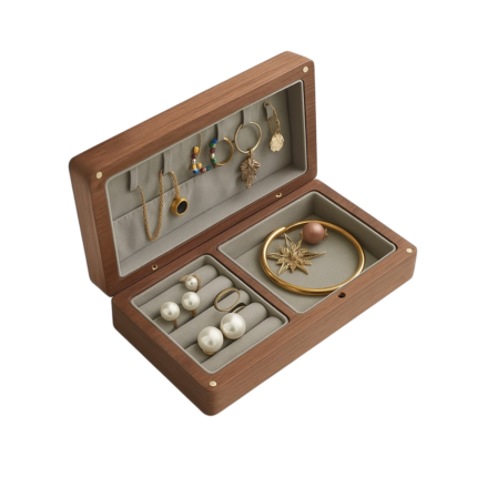Jewellery Box in Wood Light Brown & Dark Brown with Multiple Compartments and Soft Lining for Organised Storage