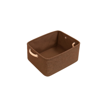 Opbevaringspose i stof - brun, beige og grå, foldbar med rebhåndtag og stiv form