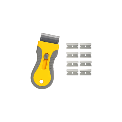 Glasskraber med ergonomisk håndtag i orange eller gul til glasrensning med udskiftelige blade