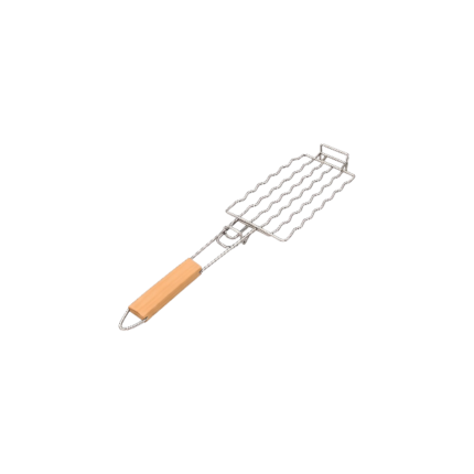 Grill Basket in Stainless Steel for Even Cooking and Combined Food on the Grill with Wooden Handle