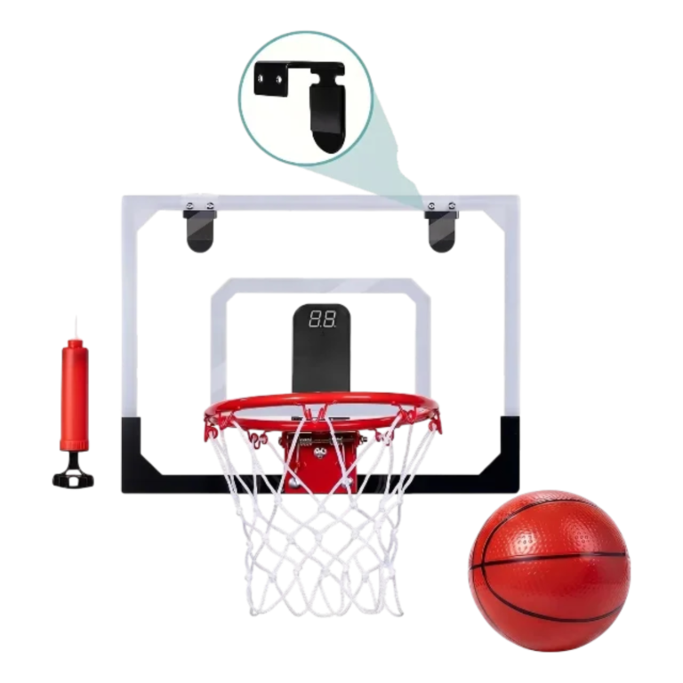 Indendørs basketballkurv til dør med bold og pumpe til leg og træning derhjemme