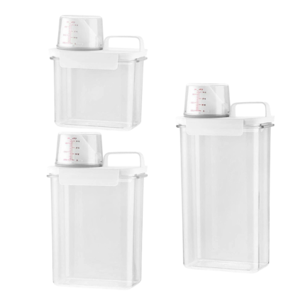 Opbevaring til vaskepulver med låg, håndtag og målebæger i 1100 ml, 1800 ml og 2300 ml