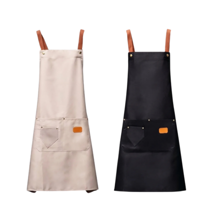 with adjustable straps and front pockets for kitchen and serving
