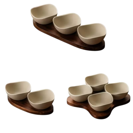 Serving Set with Ceramic Bowls and Tray in Acacia Wood