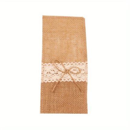 Sæt med 10 bestikposer i jute med blonde og sløjfe, 11 × 22 cm