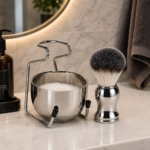 Sæt med sæbeskål og børsteholder i rustfrit stål til herresæt til tæt barbering - Billede 2