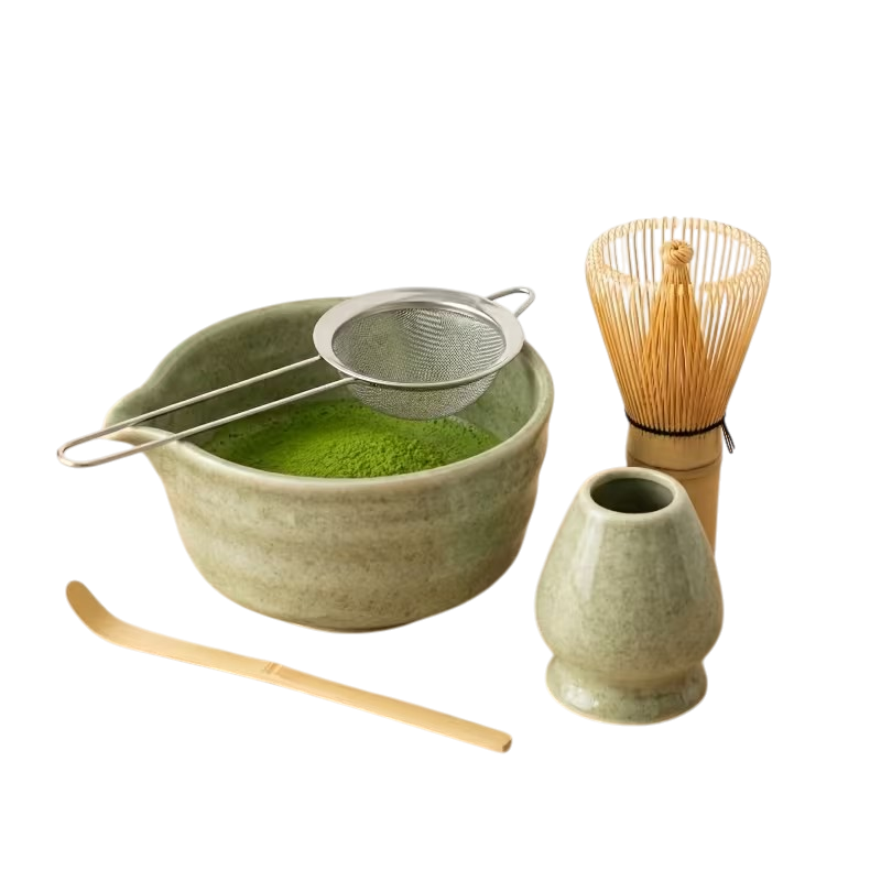Matcha-sæt med skål med hældetud, bambuspiskeris, bambusske, holder og si i rustfrit stål