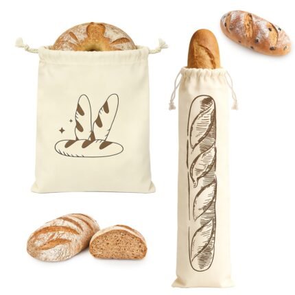 Sæt med to genanvendelige brødposer i kanvas med snørelukning til rundt brød og baguette