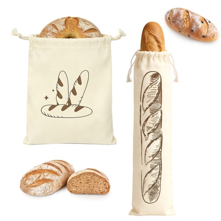 Sæt med to genanvendelige brødposer i kanvas med snørelukning til rundt brød og baguette