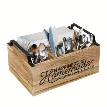 Wooden Kitchen Utensil Holder with 4 Compartments and Carrying Handles