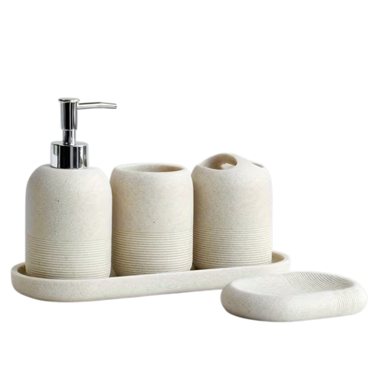 Badeværelsessæt i 5 dele med sæbedispenser, tandbørsteholder, kop, sæbeskål og bakke