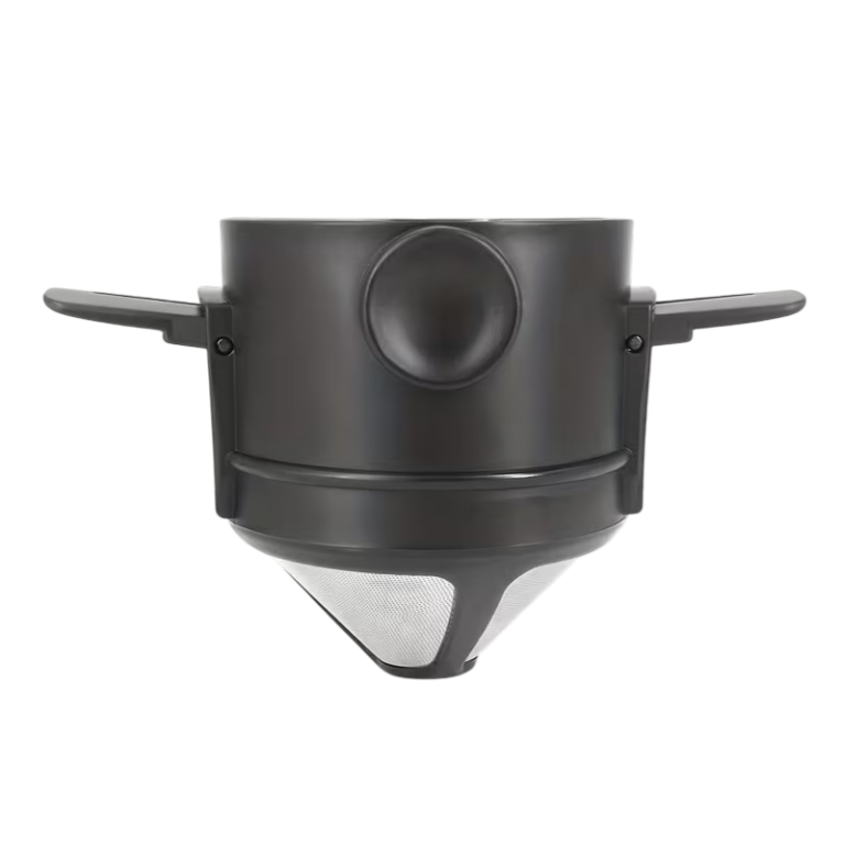 Genanvendeligt kaffefilter i rustfrit stål med foldbare støttearme til pour-over-brygning direkte over kop eller krus