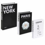 Sæt med 3 dekorationsbøger med New York, Paris og London motiv til boligindretning