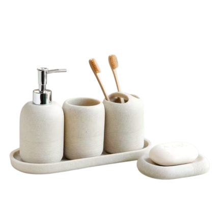 5-delt badeværelsessæt med sæbedispenser, tandbørsteholder, krus, sæbeskål og bakke