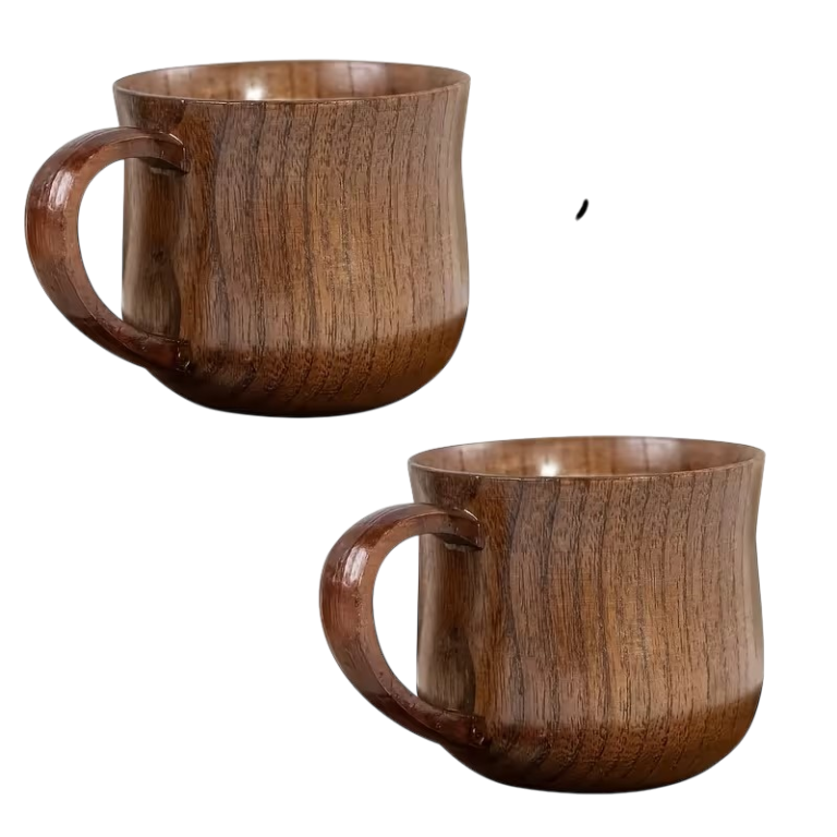 2 trækaffekopper med håndtag i massivt træ til kaffe og te