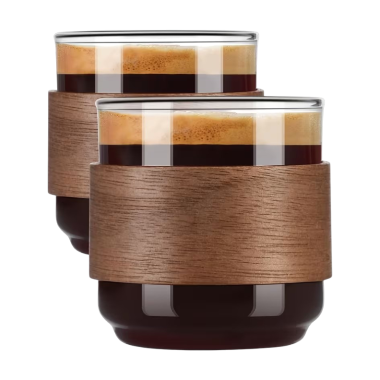 Sæt med 2 glaskopper på 150 ml med varmeisolerende træring til espresso, kaffe, te og latte