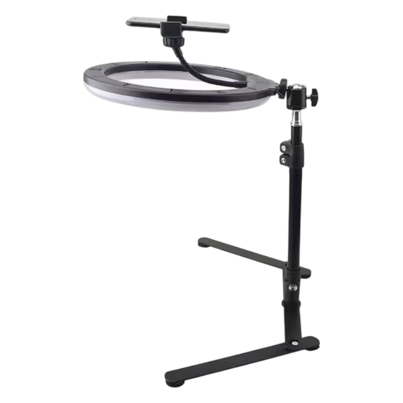 Overhead mobilstativ med LED-lys, 360 graders rotation og justerbar telefonholder