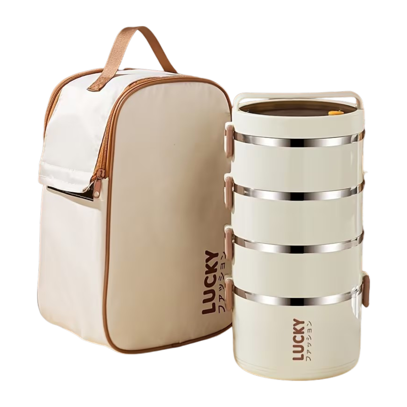 transparent (5) Lunch Box in Stainless Steel with 4 Layers and Insulated Bag