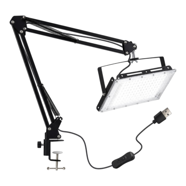 Justerbar LED-arbejdslampe med bordklemme, leddelt arm og USB-stik