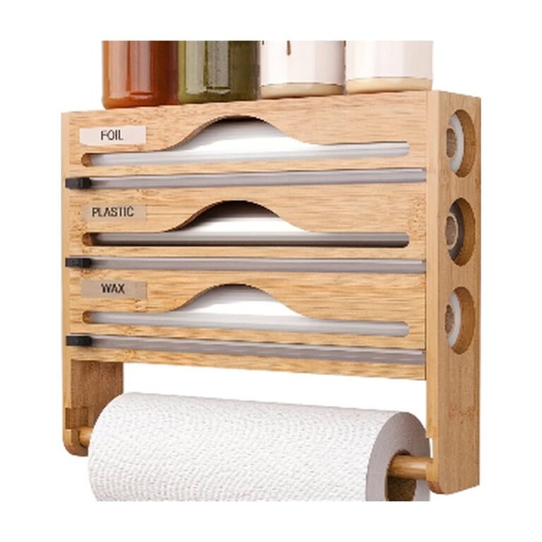 Bamboo Film Dispenser with Integrated Cutters and Kitchen Roll Holder for Wall Mounting and Combined Storage